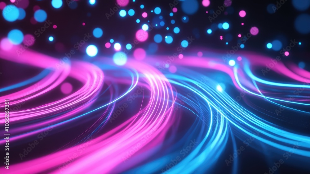 abstract background with pink blue glowing neon lines and bokeh lights. Data transfer concept abstract background with pink blue glowing neon lines and bokeh lights. Data transfer concept