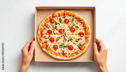 Woman hands holding delivery box with hot fresh pepperoni pizza photo