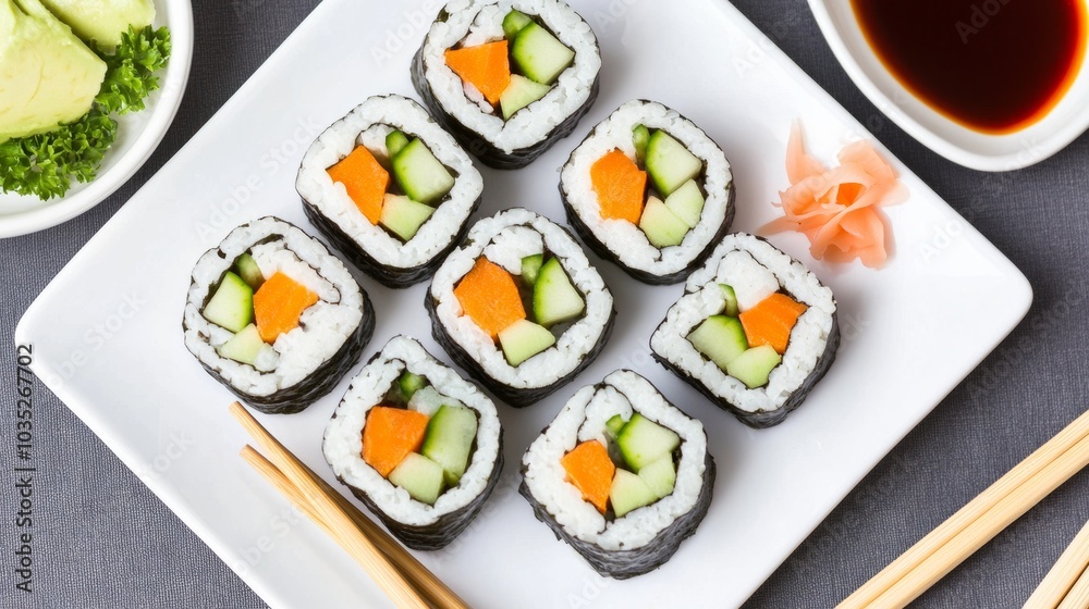 A colorful plate of vegetable sushi rolls with avocado, cucumber, carrot A colorful plate of vegetable sushi rolls with avocado, cucumber, carrot
