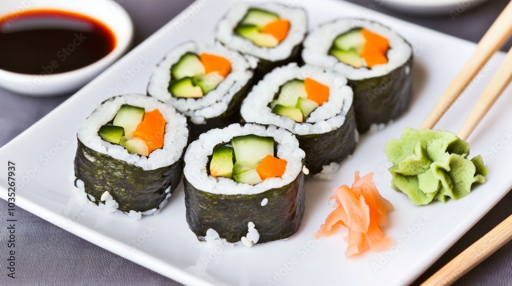 A colorful plate of vegetable sushi rolls with avocado, cucumber, carrot A colorful plate of vegetable sushi rolls with avocado, cucumber, carrot