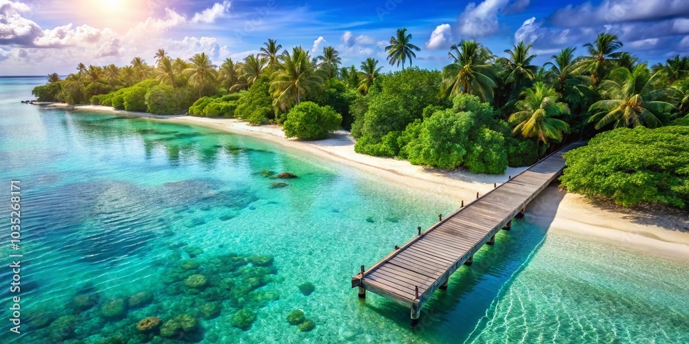 Obraz premium Aerial View of a Stunning Beach with Wooden Platform in the Ocean for Travel and Relaxation Imagery