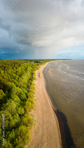 Aerial view of serene coastline with lush forest and tranquil beach, Paernu, Estonia. photo