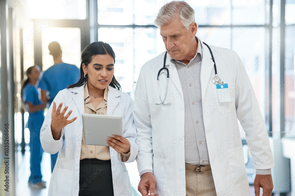 People, doctors and talk with tablet in hospital of healthcare schedule, planning surgery and learning goal. Staff, teamwork and digital research with medical advice, checklist and information report