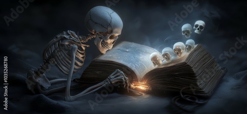 A mysterious skeletal figure opening a decaying, enchanted book, with ghostly faces emerging from the pages in the dim, flickering light. photo