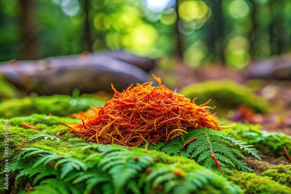 A bundle of saffron threads scattered on a mossy forest floor amidst a bed of slimy green moss and ferns, forest, forest floor, wild A bundle of saffron threads scattered on a mossy forest floor amidst a bed of slimy green moss and ferns, forest, forest floor, wild