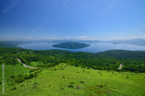 View of Lake Kussharo from Bihoro Pass in summer, Hokkaido, Japan / 夏の美幌峠から屈斜路湖を眺める　北海道　日本 photo