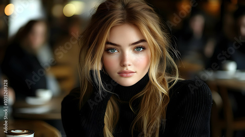 Beautiful Woman with Blonde Hair and Blue Eyes in a Cafe