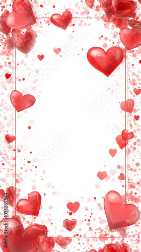 A vertical photo frame filled with red hearts of various sizes, perfect for Valentine's day