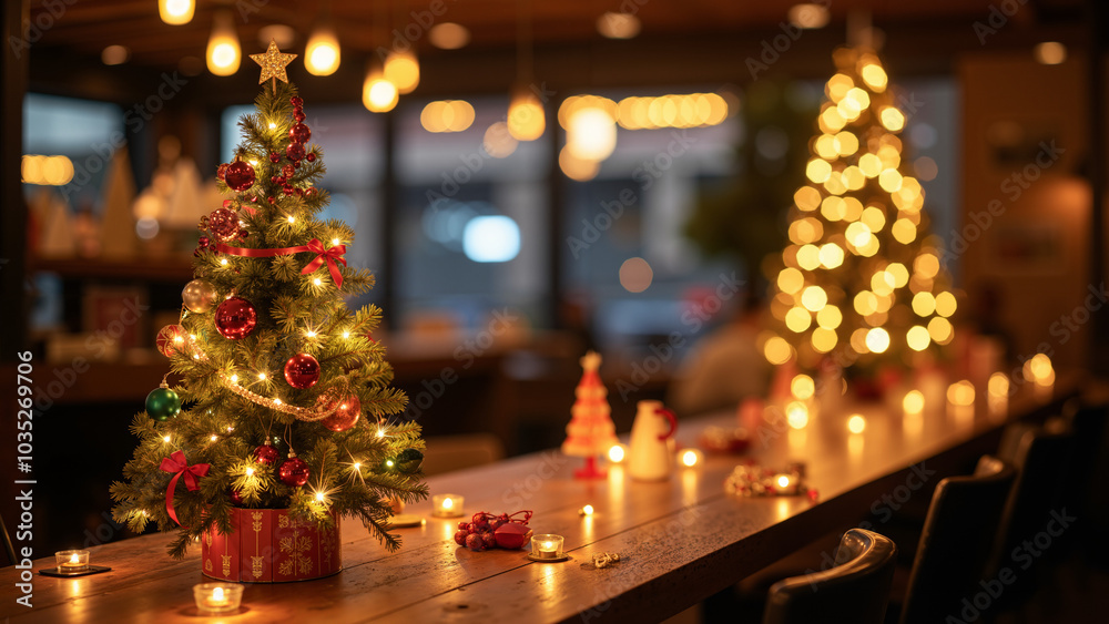 Festive Christmas Display: Elegant Table with Holiday Decorations for Restaurant Marketing and Seasonal Promotions Festive Christmas Display: Elegant Table with Holiday Decorations for Restaurant Marketing and Seasonal Promotions