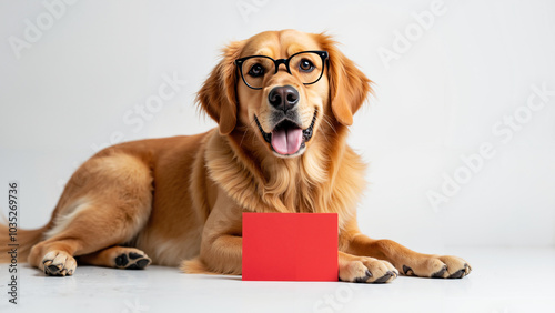 Adorable Golden Retriever in Glasses: New Year 2025 Celebration Photo for Holiday Marketing and Pet Businesses photo