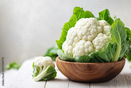 Fresh cauliflowers arranged in a wooden bowl with green leaves on a rustic table in soft natural lighting. Generative AI