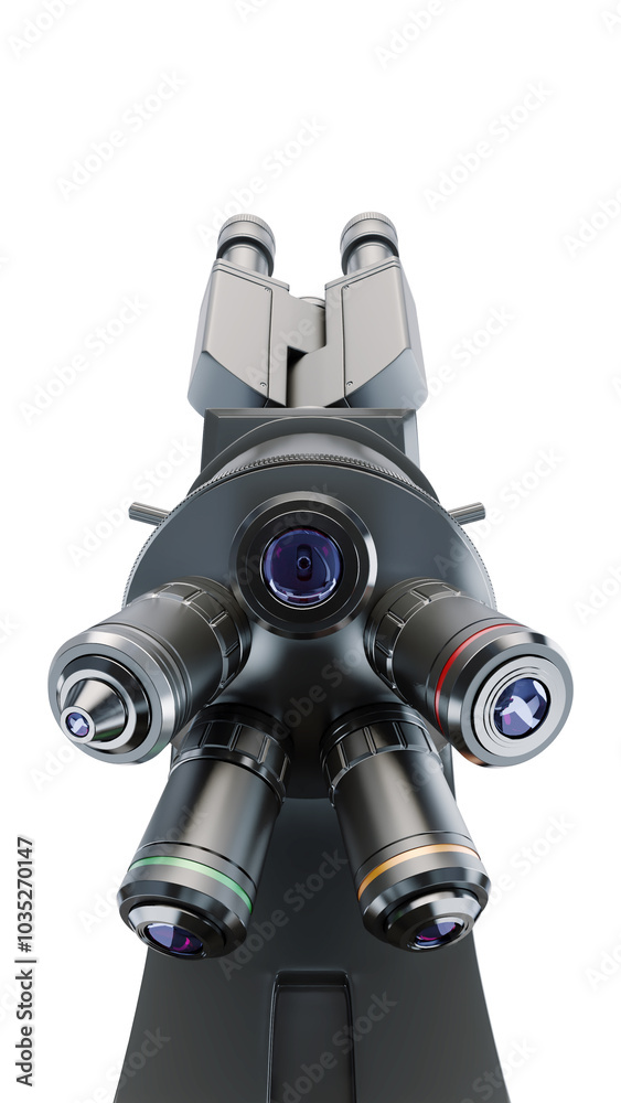 The block of microscope lenses greatly improves the versatility and efficiency of microscopy. Bottom view. Close up. white background. 3d illustration. Vertical screen The block of microscope lenses greatly improves the versatility and efficiency of microscopy. Bottom view. Close up. white background. 3d illustration. Vertical screen