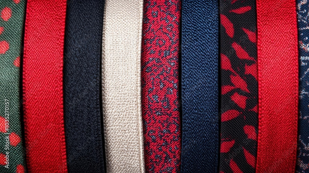 Festive ribbons made from holiday-themed fabrics with intricate patterns, Ribbon festive fabric, seasonal textile decoration Festive ribbons made from holiday-themed fabrics with intricate patterns, Ribbon festive fabric, seasonal textile decoration