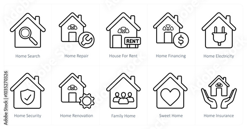 A set of 10 Real Estate icons as home search, home repair, house for rent