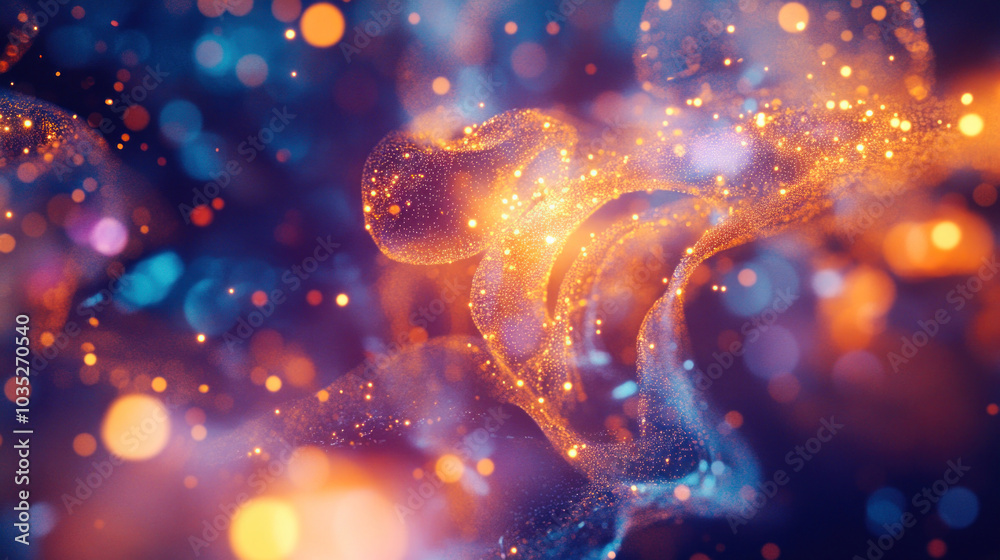 Abstract golden particles flowing on dark background