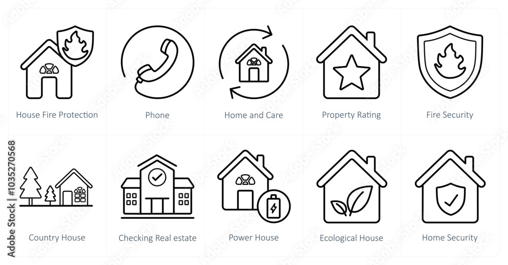 A set of 10 Real Estate icons as house fire protection, phone, home and care
