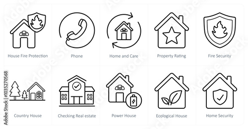 A set of 10 Real Estate icons as house fire protection, phone, home and care