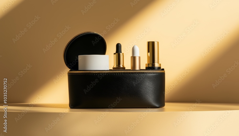 A stylish makeup kit bag open to show a variety of beauty essentials, placed on a sleek black surface with subtle golden lighting and holiday sparkles. A stylish makeup kit bag open to show a variety of beauty essentials, placed on a sleek black surface with subtle golden lighting and holiday sparkles.