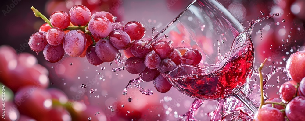 A surreal scene where grapes are suspended inside glasses of wine, with splashes creating a dynamic and fluid transition between fruit and drink. A surreal scene where grapes are suspended inside glasses of wine, with splashes creating a dynamic and fluid transition between fruit and drink.