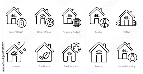 A set of 10 Real Estate icons as power house, home repair, property budget