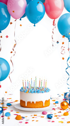 A photo frame designed with birthday cake, candles surrounded by colorful balloons and confetti on a transparent background