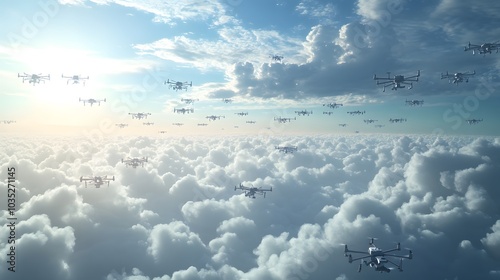 A 2D sky filled with 3D drones flying between clouds creating seamless transitions