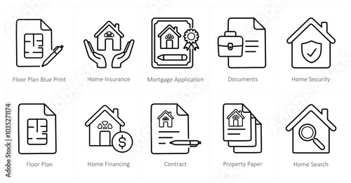 A set of 10 Real Estate icons as floor plan blue print, home insurance, mortgage application