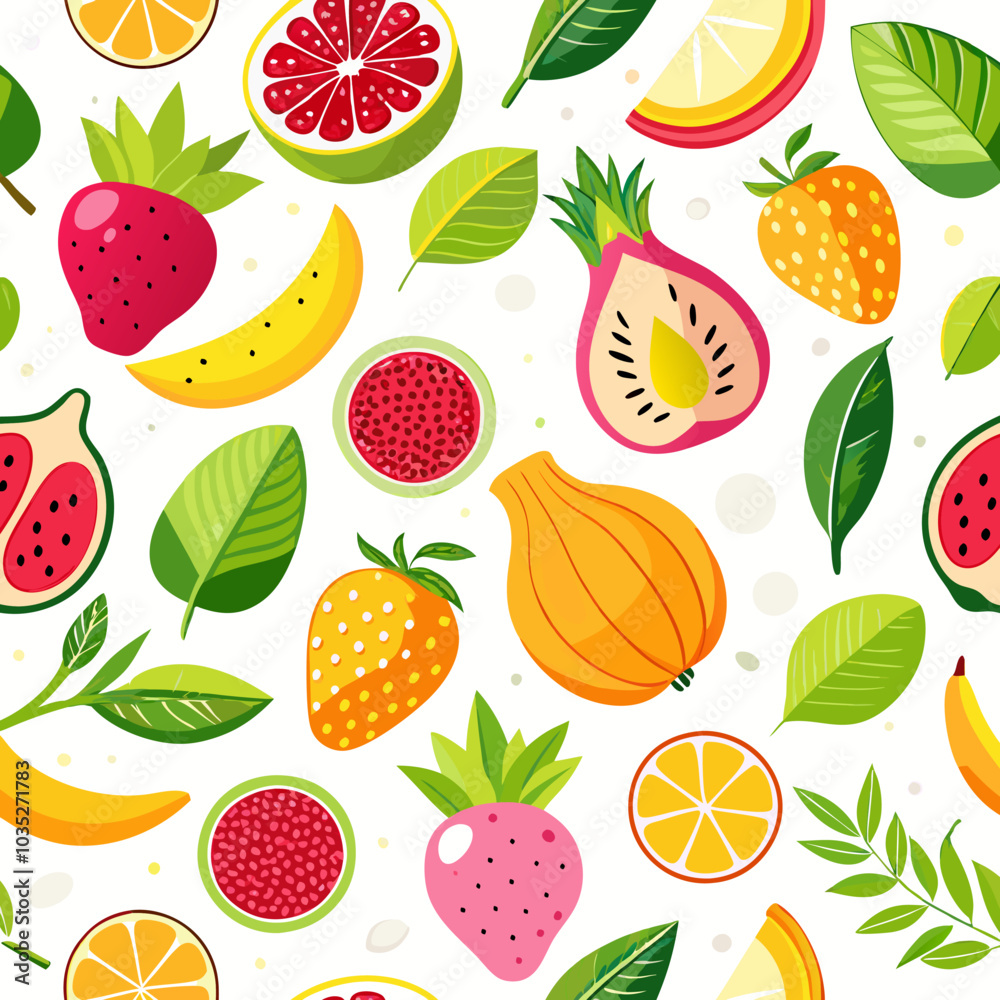 A vibrant and cheerful seamless pattern featuring a variety of fresh fruits, including strawberries, bananas, watermelon, dragon fruit, and citrus. A vibrant and cheerful seamless pattern featuring a variety of fresh fruits, including strawberries, bananas, watermelon, dragon fruit, and citrus.