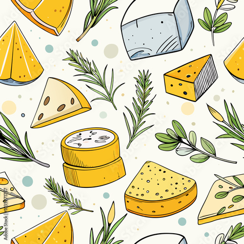 A seamless pattern featuring various types of cheese, perfect for adding a touch of gourmet charm to your designs. This delightful illustration is ideal for kitchen decor, food-related projects.