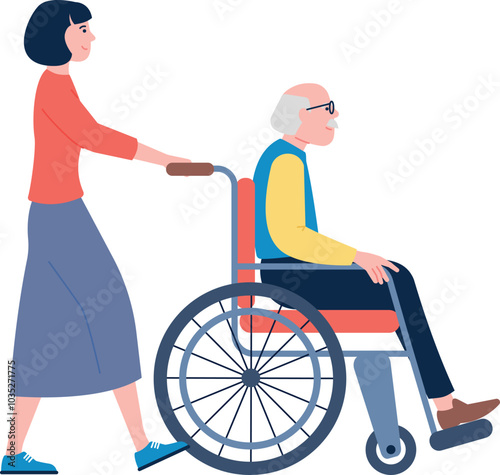 Woman push wheel chair with old man. Senior support