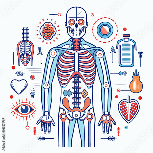 A stylized illustration depicting the human skeletal system with internal organs. This vector graphic is ideal for medical education, anatomy projects, and health-related designs.