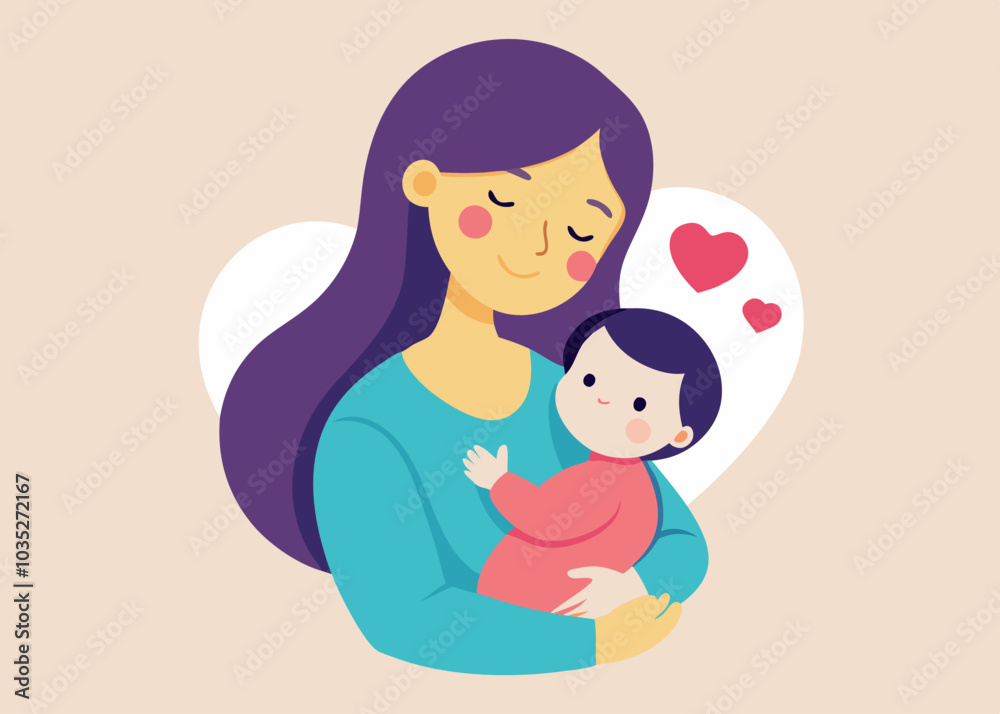 A heartwarming illustration of a mother holding her baby close, symbolizing the deep bond of love and care between parent and child. Perfect for Mother's Day cards, baby announcements.