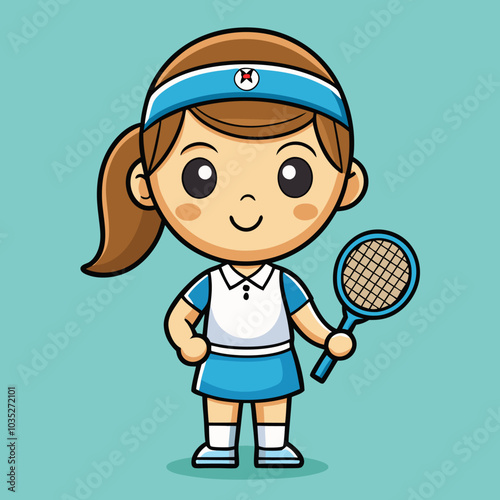 Cute cartoon illustration of a young girl, with a tennis racket in her hand. This character is perfect for sports-related designs, children's books, or any project that needs a friendly touch.