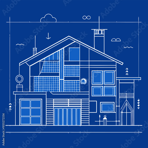 A detailed blueprint illustration of a modern house design, showcasing its structural elements and architectural features, ideal for design inspiration and visualization.