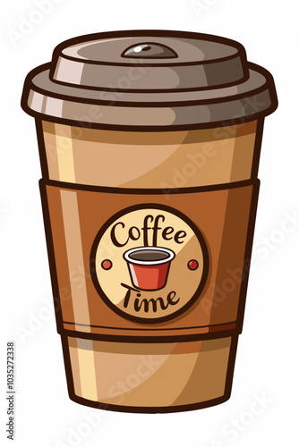 A cheerful cartoon illustration of a to-go coffee cup with a cute coffee cup logo. Perfect for adding a touch of whimsy to your designs, social media posts, or merchandise.