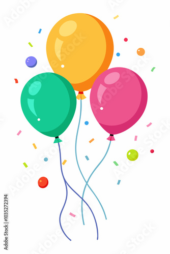 A cheerful illustration featuring three colorful balloons floating in the air, surrounded by confetti. Perfect for adding a touch of joy and celebration to your designs.
