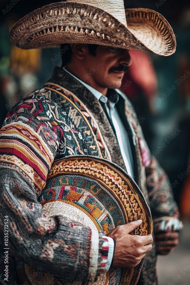 Fototapeta premium A man in a traditional Mexican charro suit, holding a sombrero
