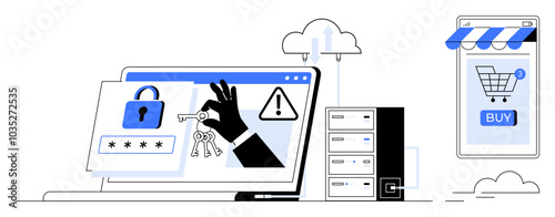 Wallpaper Mural Depiction of a laptop with security icons, a data server, and a smartphone with a shopping cart. Ideal for cybersecurity, online shopping, data protection, e-commerce security, and digital privacy Torontodigital.ca