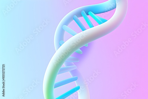 A close-up of a DNA double helix structure, highlighted with neon blue and green tones, against a smooth, gradient backdrop