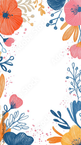 Photo frame with hand-drawn flowers isolated on a transparent background