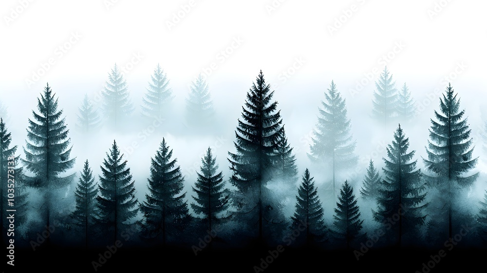 Obraz premium A misty watercolor forest scene with tall pine trees fading into soft blue and green hues, evoking a tranquil atmosphere