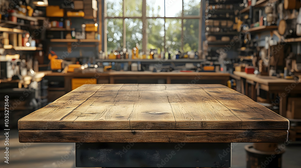 Rustic Wooden Tabletop with Blurred Workshop Background for Product Display Rustic Wooden Tabletop with Blurred Workshop Background for Product Display