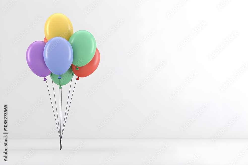 An artistic array of balloons, each in a different color, gathered closely to the side, leaving space for text or additional design elements An artistic array of balloons, each in a different color, gathered closely to the side, leaving space for text or additional design elements