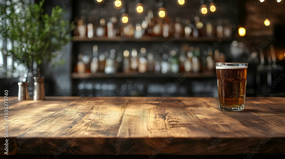 A Glass of Beer on a Rustic Wooden Tabletop in a Bar Setting