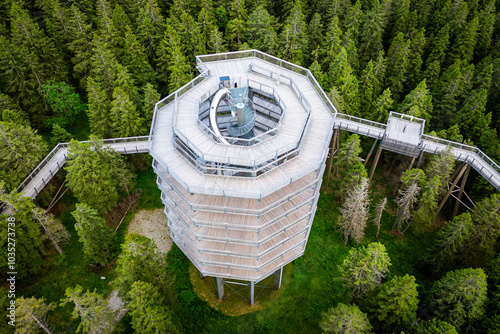 Aerial view of a scenic treetop trail and view tower surrounded by lush forest, Rogla, Slovenia. photo