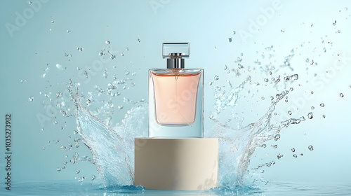 A perfume bottle on a light blue background standing on a beige podium surrounded by splashes of water  -  