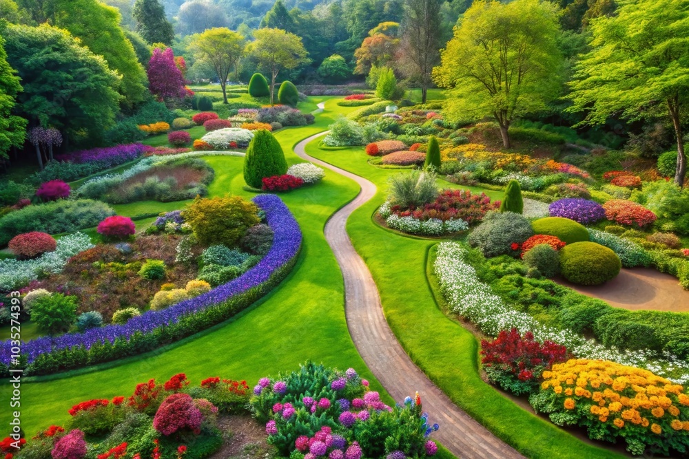 Naklejka premium Aerial View of Lush Green Path Through Vibrant Flower Garden for Nature Lovers