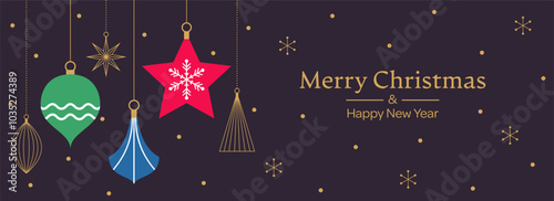 Merry Christmas template background with gold geometric minimalist elements and icons. Abstract trendy banner with vintage tree decorations in simple flat design. Vector illustration.