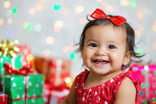 Smiling Baby Girl in Red Dress Sitting with Christmas Presents and Festive Bokeh Lights - Ideal for Holiday Cards or Christmas Celebrations