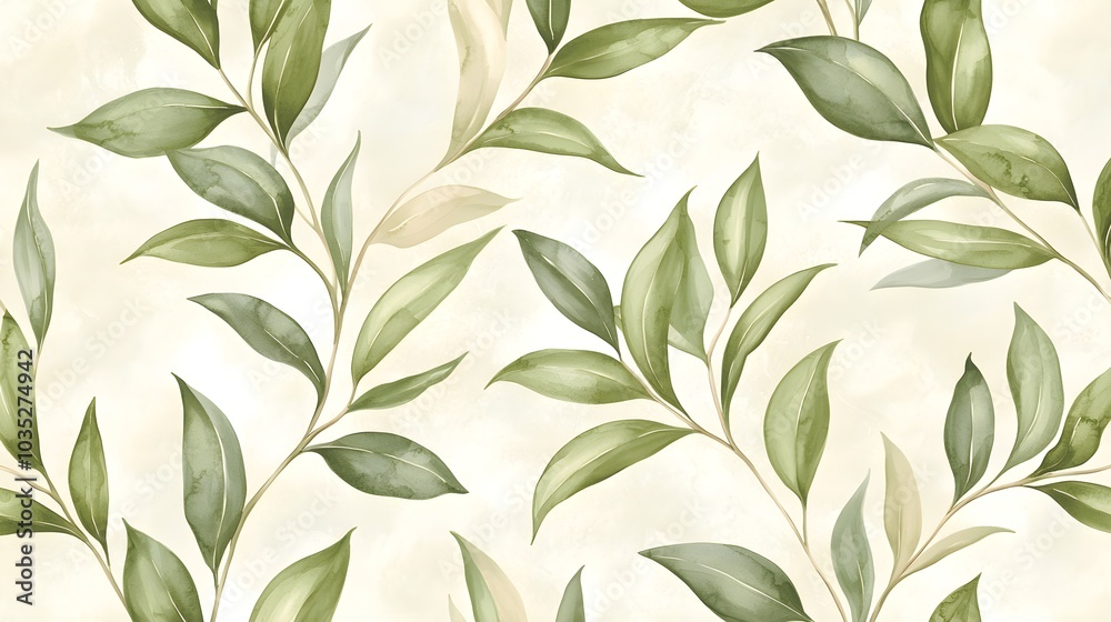 Softly painted eucalyptus leaves in shades of sage green, set against a creamy watercolor background Softly painted eucalyptus leaves in shades of sage green, set against a creamy watercolor background